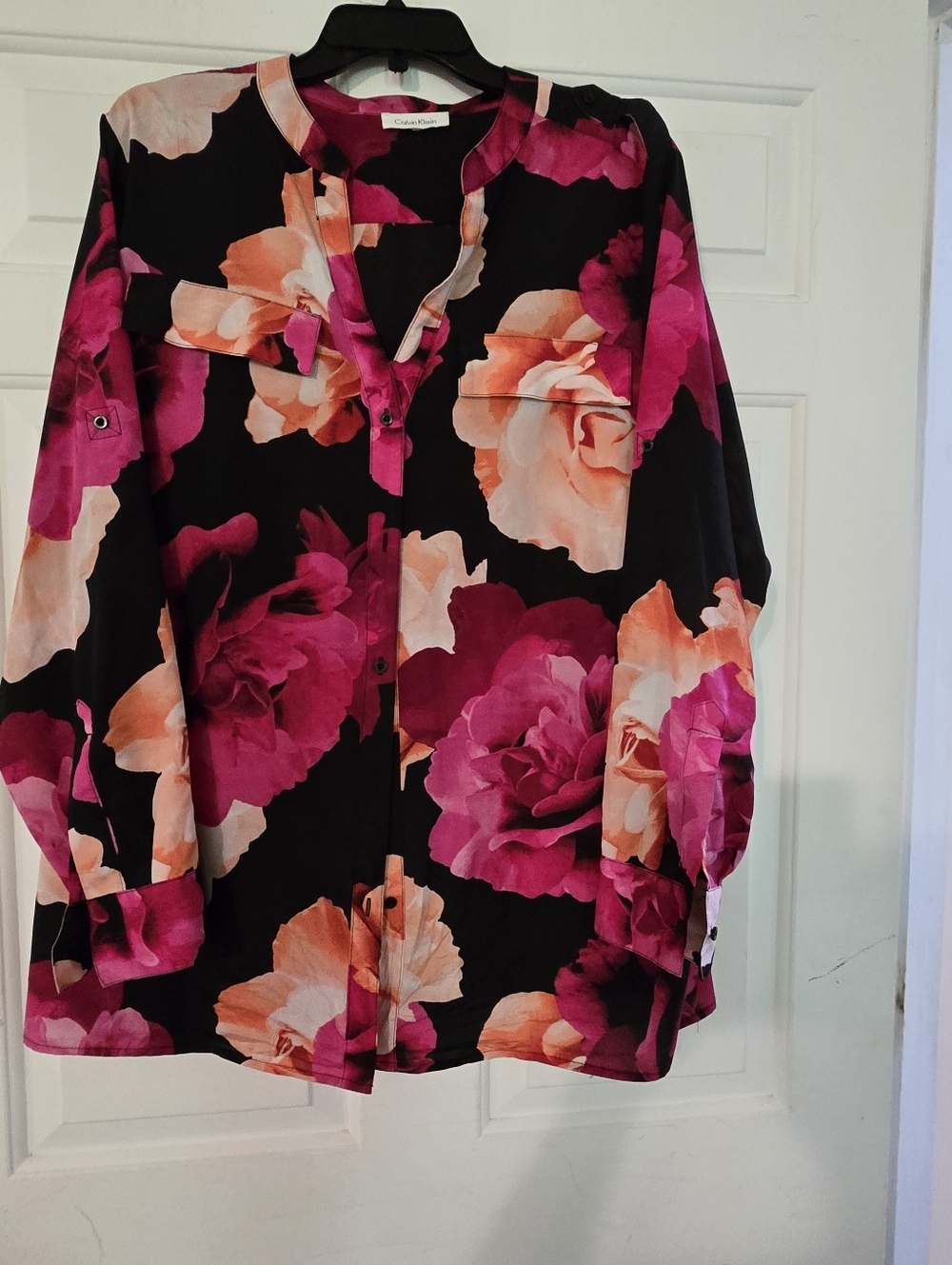Calvin Klein Black Button-Front Blouse with Magenta & Peach Floral Print - Picture 2 of 3